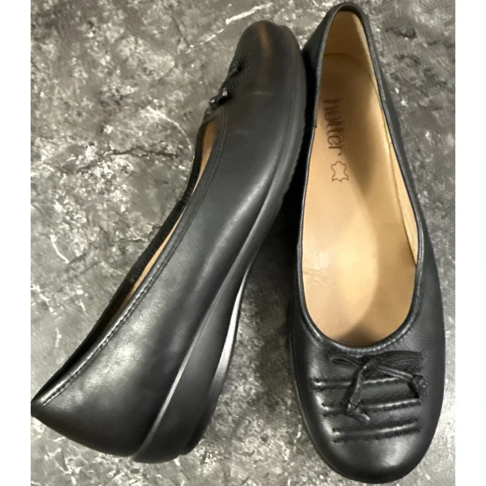 Hotter Womens Emmy Leather Pintuck Bow Ballet Comfort Flats Black Sz 10